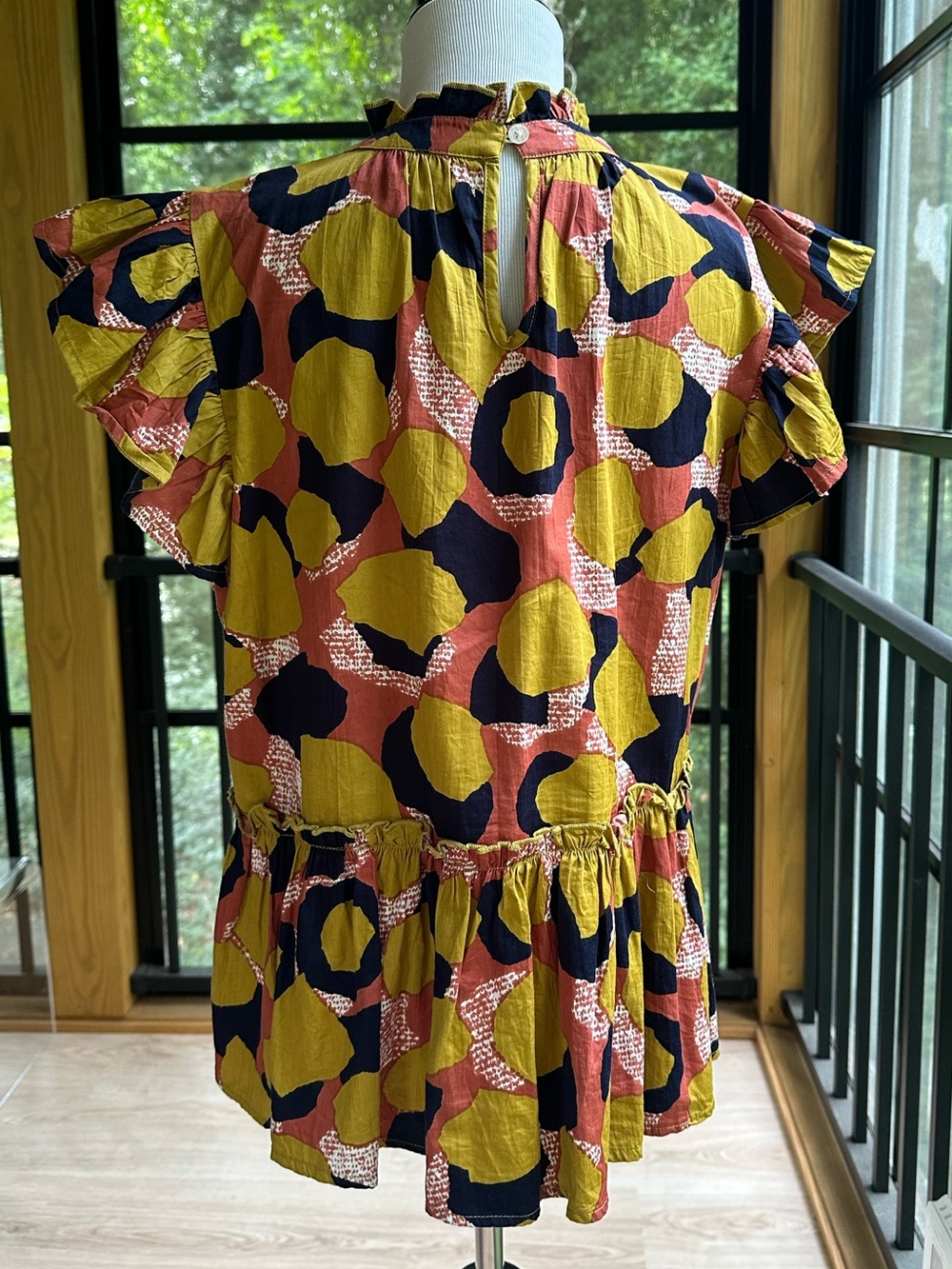 Modern Bohemian Whimsical Ruffled Artisan Spotted Cinched Waist Peplum Top ~ L - Picture 5 of 12
